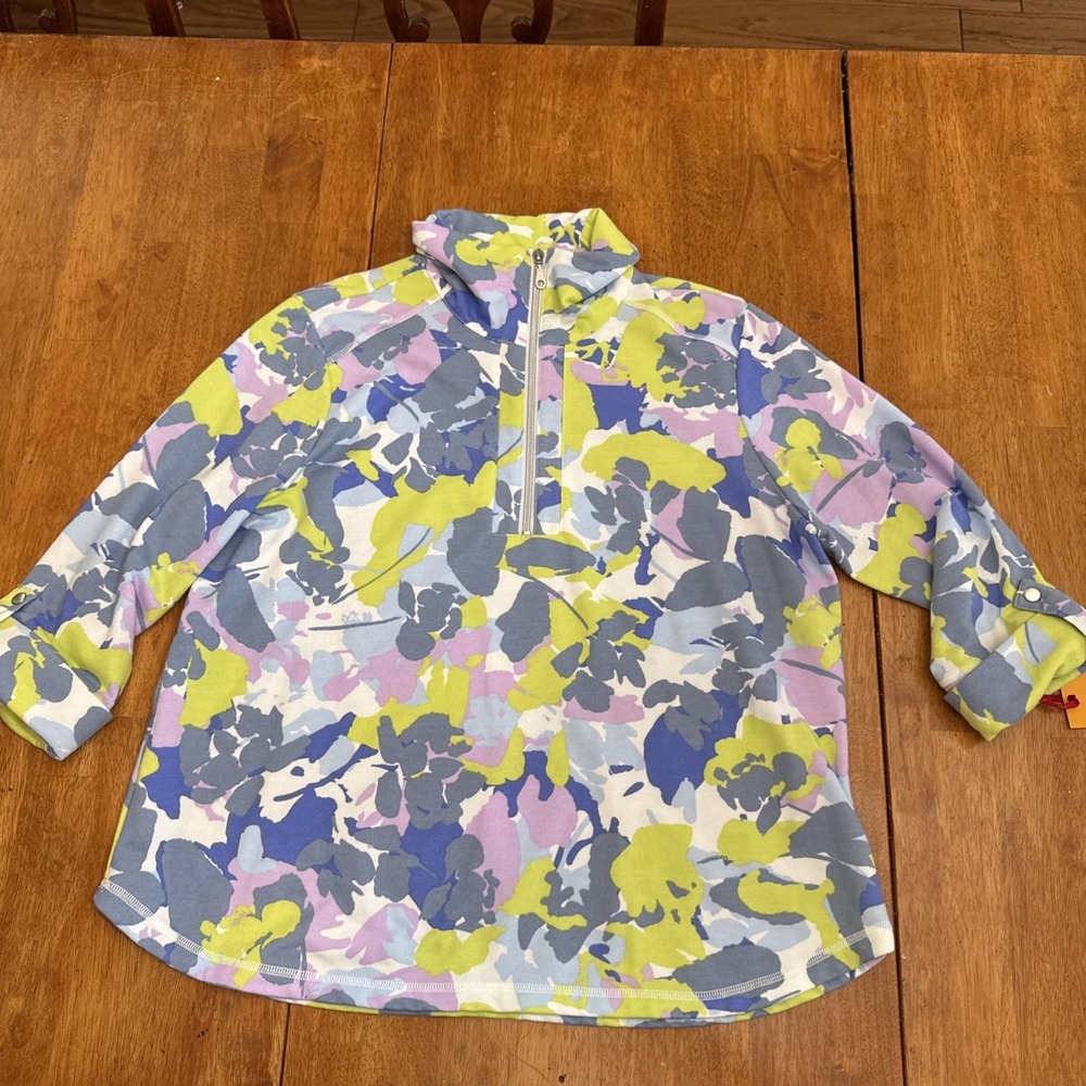 Ruby Rd 1/4 Zip Top Multicolor floral Fleece 3/4 Sleeves  Women's Size PL NWT